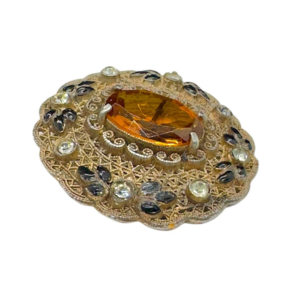 Vintage Czech Topaz Clear Paste & Enamel Filigree Brooch - Picture 2 of 5
